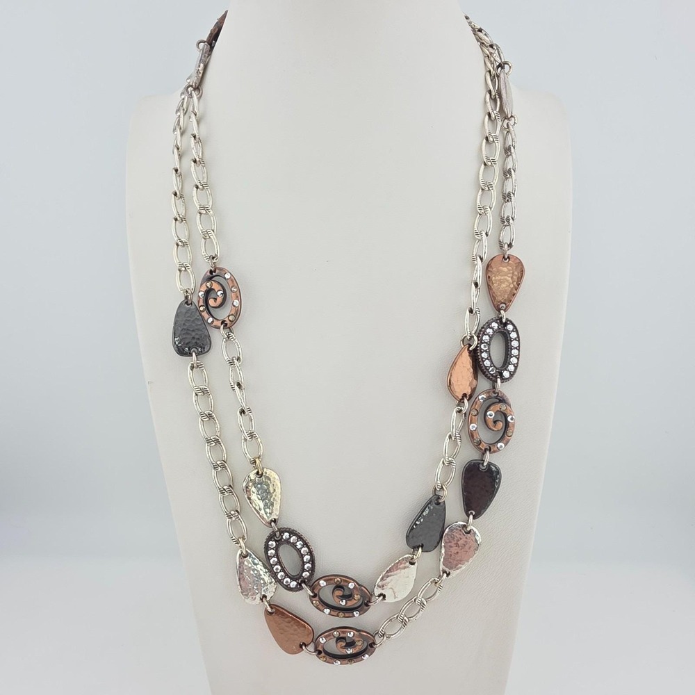 BRIGHTON 'Melange' Necklace Statement Crystal Hammered Silver Plate Long 42"